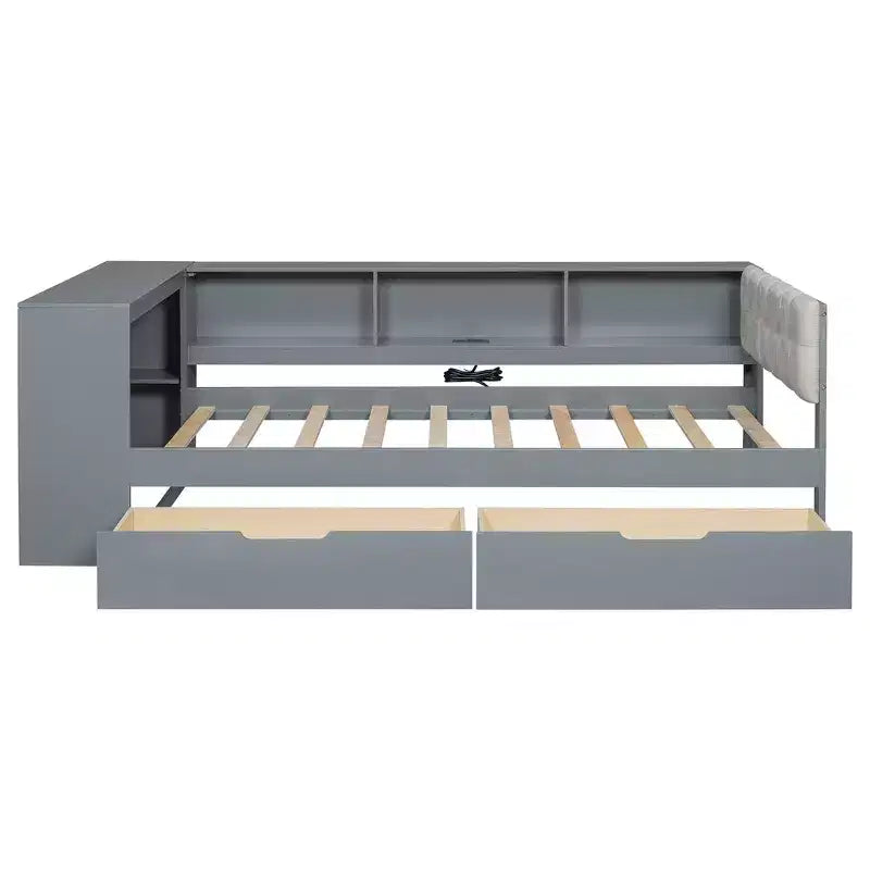 Divano letto a piattaforma imbottito in lino color crema/grigio con contenitore – Singolo/Matrimoniale, 1 posto