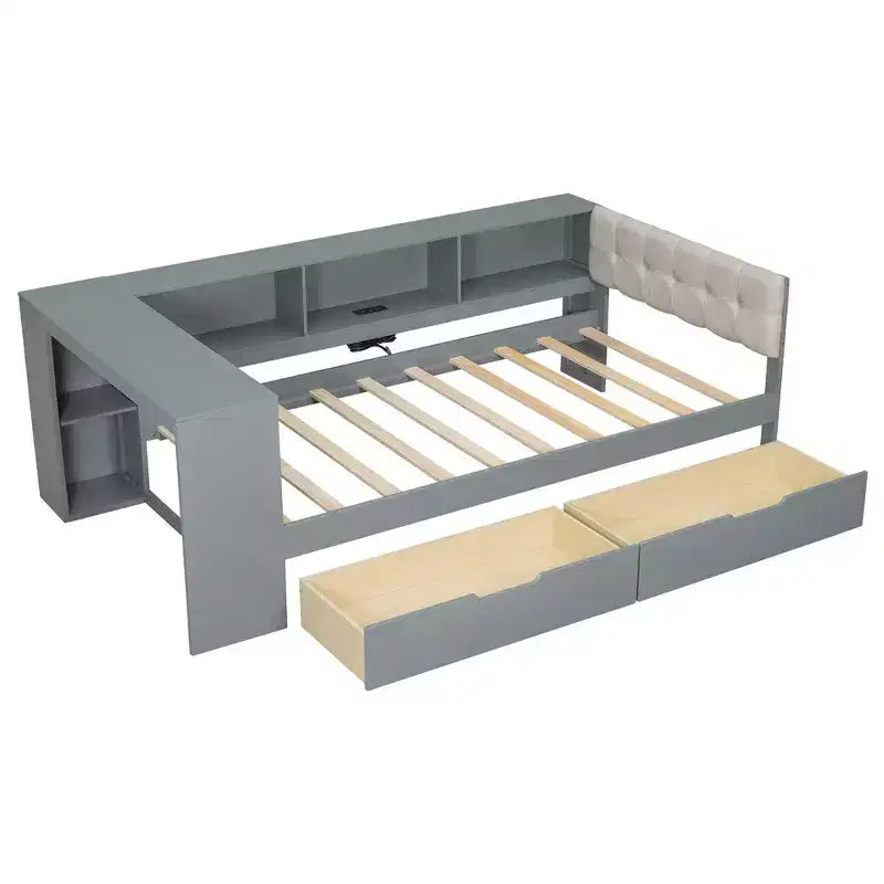 Divano letto a piattaforma imbottito in lino color crema/grigio con contenitore – Singolo/Matrimoniale, 1 posto