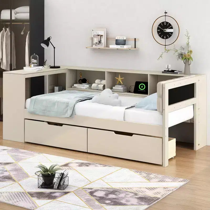 Divano letto a piattaforma imbottito in lino color crema/grigio con contenitore – Singolo/Matrimoniale, 1 posto