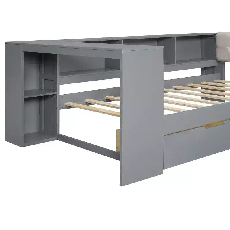Divano letto a piattaforma imbottito in lino color crema/grigio con contenitore – Singolo/Matrimoniale, 1 posto