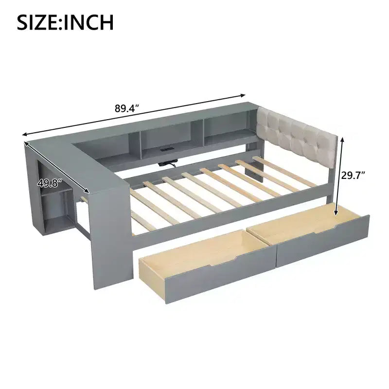 Divano letto a piattaforma imbottito in lino color crema/grigio con contenitore – Singolo/Matrimoniale, 1 posto