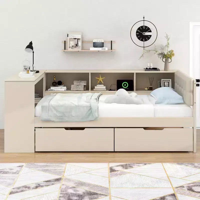 Divano letto a piattaforma imbottito in lino color crema/grigio con contenitore – Singolo/Matrimoniale, 1 posto