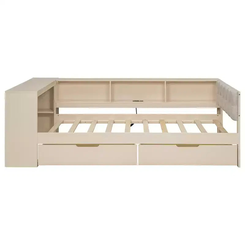 Divano letto a piattaforma imbottito in lino color crema/grigio con contenitore – Singolo/Matrimoniale, 1 posto