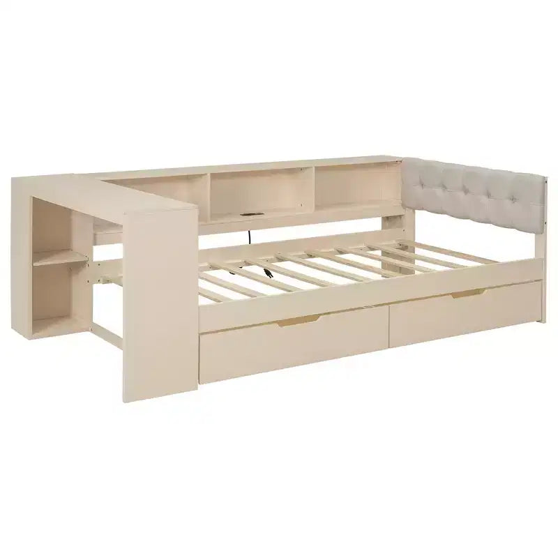 Divano letto a piattaforma imbottito in lino color crema/grigio con contenitore – Singolo/Matrimoniale, 1 posto