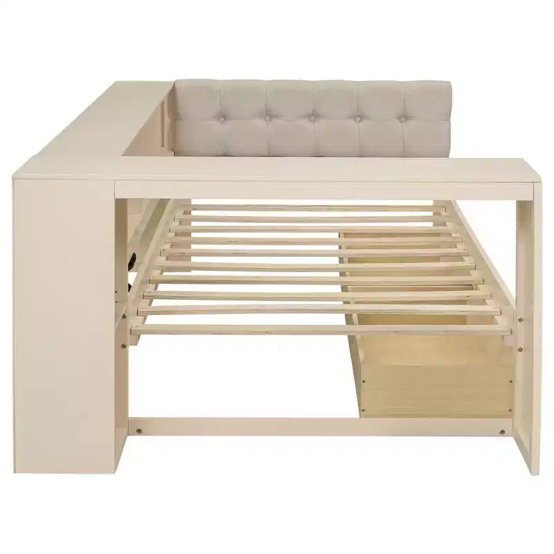 Divano letto a piattaforma imbottito in lino color crema/grigio con contenitore – Singolo/Matrimoniale, 1 posto