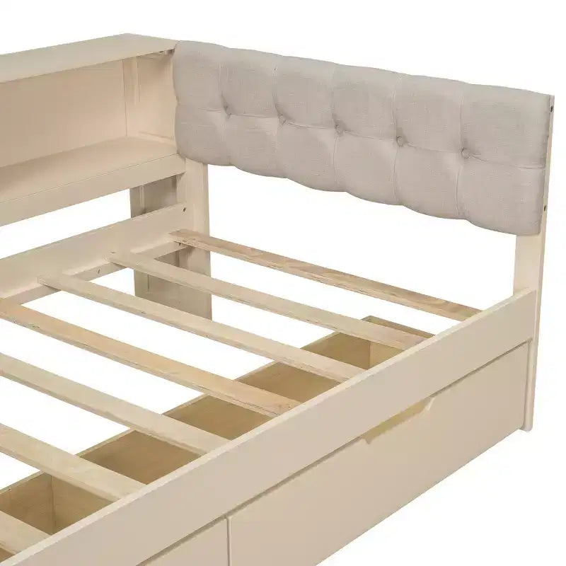 Divano letto a piattaforma imbottito in lino color crema/grigio con contenitore – Singolo/Matrimoniale, 1 posto