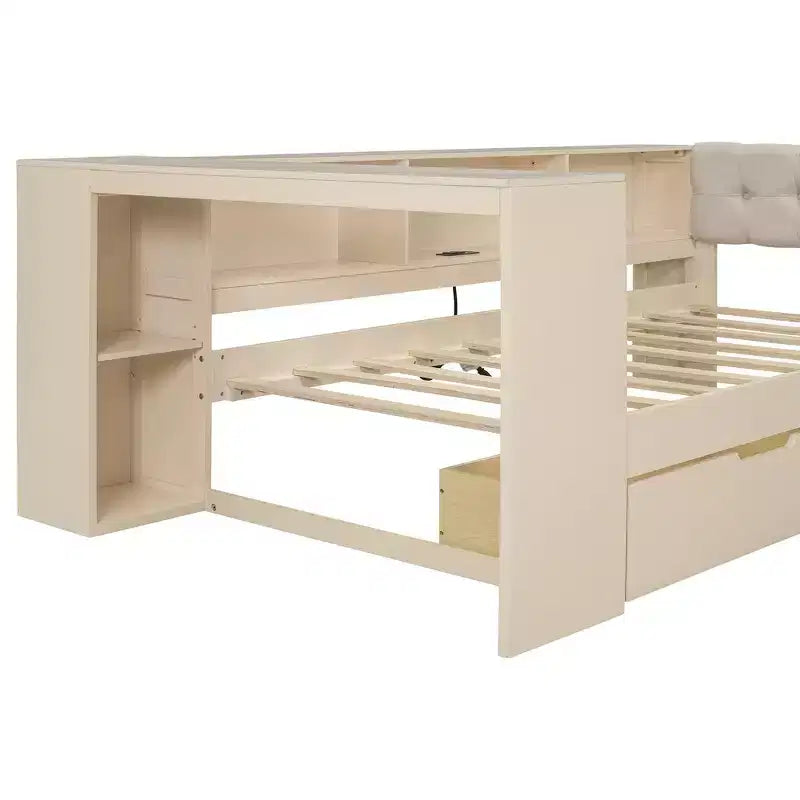 Divano letto a piattaforma imbottito in lino color crema/grigio con contenitore – Singolo/Matrimoniale, 1 posto