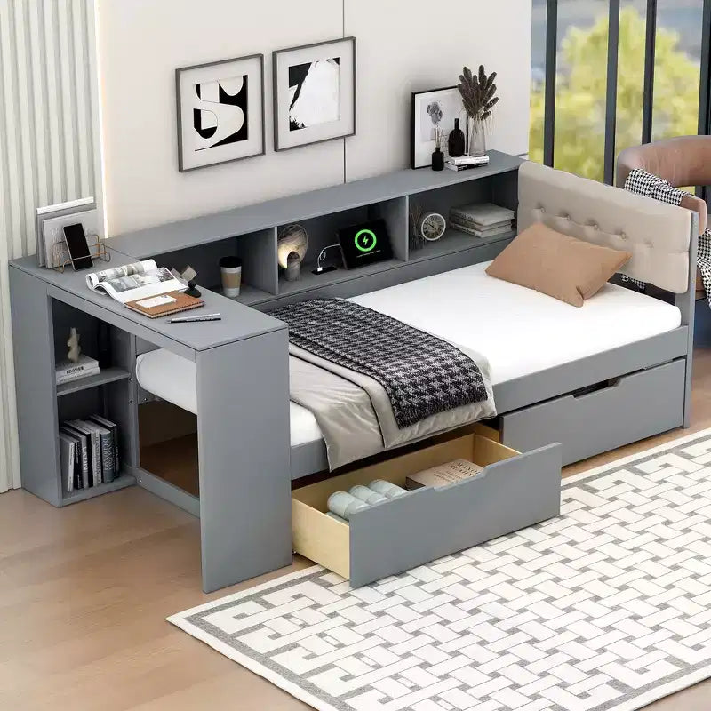 Divano letto a piattaforma imbottito in lino color crema/grigio con contenitore – Singolo/Matrimoniale, 1 posto