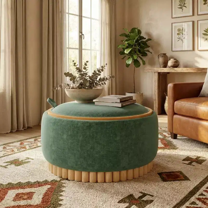 Pouf contenitore rotondo, Beige/Verde, Coperchio reversibile, 1 posto