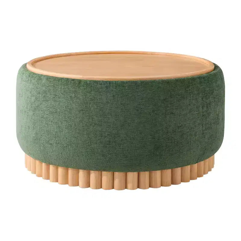 Pouf contenitore rotondo, Beige/Verde, Coperchio reversibile, 1 posto