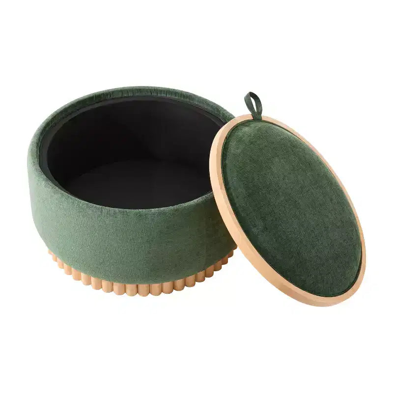 Pouf contenitore rotondo, Beige/Verde, Coperchio reversibile, 1 posto