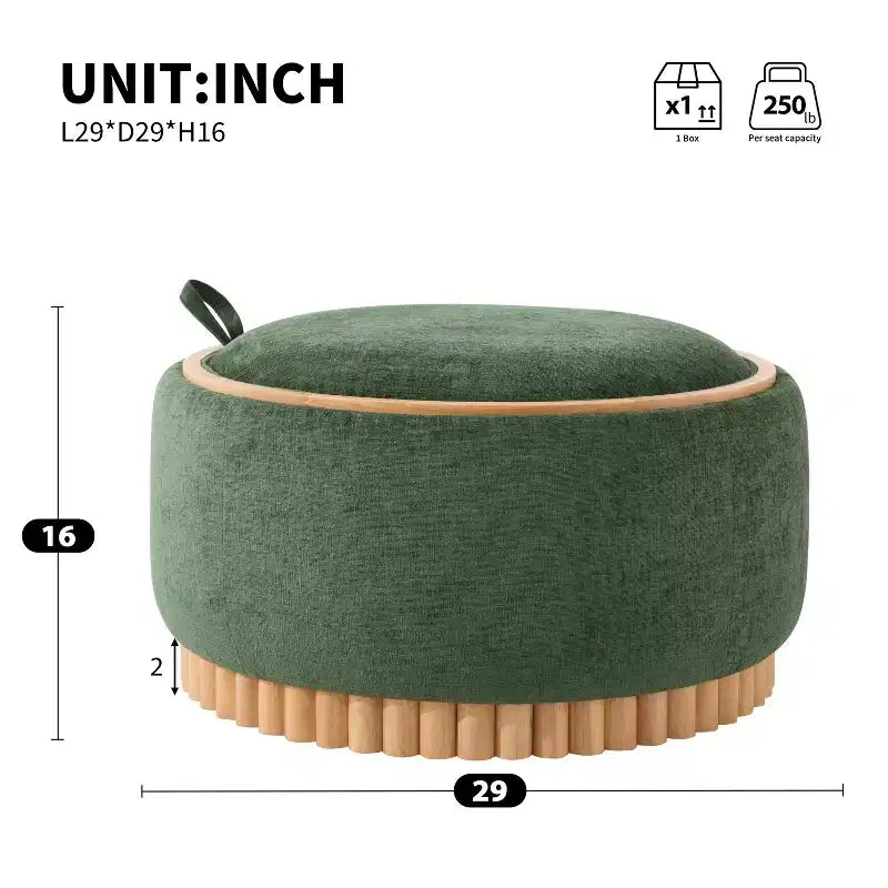 Pouf contenitore rotondo, Beige/Verde, Coperchio reversibile, 1 posto