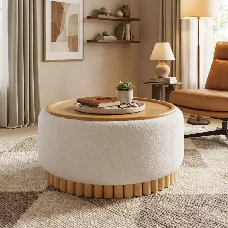 Pouf contenitore rotondo, Beige/Verde, Coperchio reversibile, 1 posto