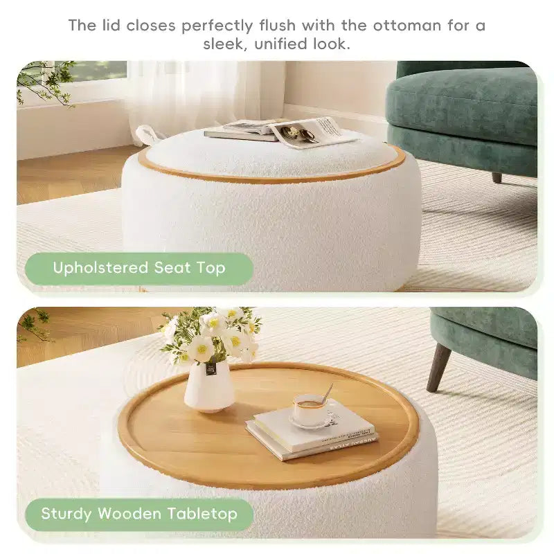 Pouf contenitore rotondo, Beige/Verde, Coperchio reversibile, 1 posto