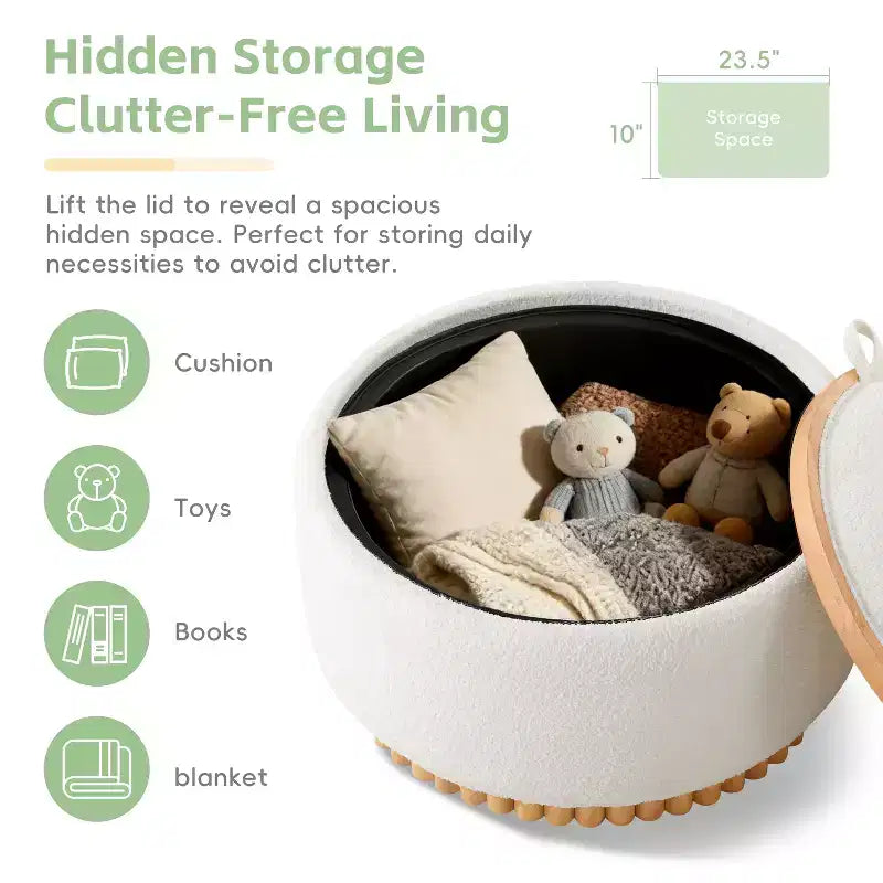Pouf contenitore rotondo, Beige/Verde, Coperchio reversibile, 1 posto