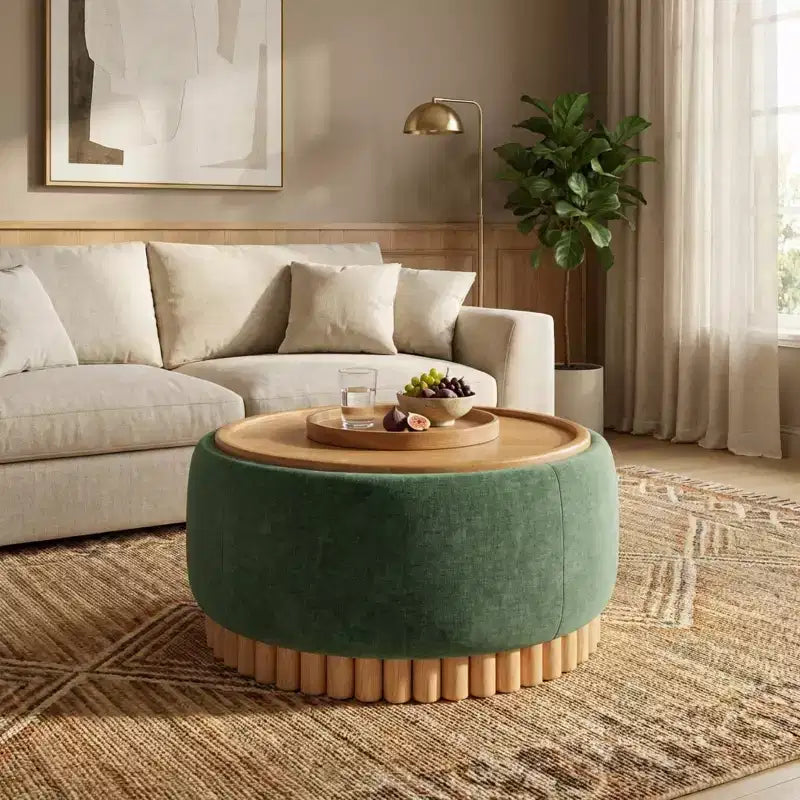 Pouf contenitore rotondo, Beige/Verde, Coperchio reversibile, 1 posto
