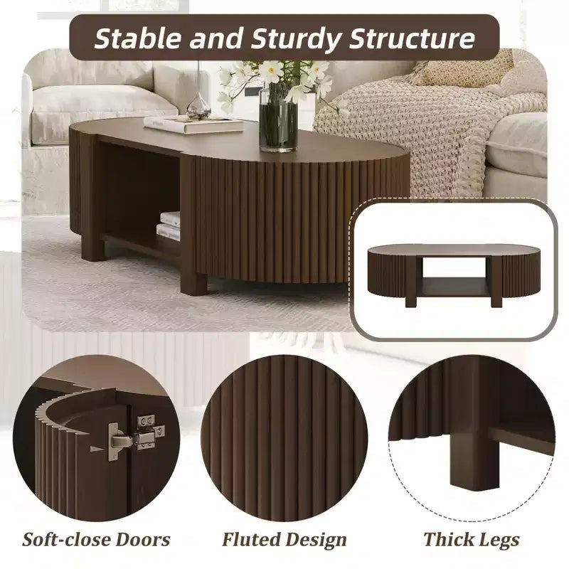 Tavolino da caffè ovale 47" con contenitore, Rovere/Noce, Legno scanalato, Pezzo unico