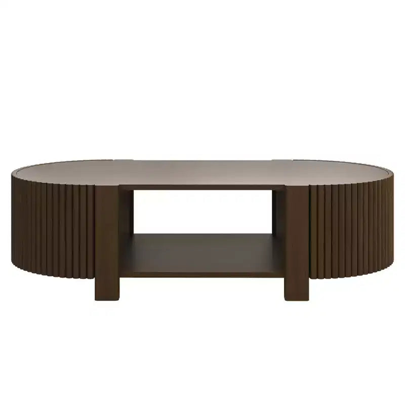 Tavolino da caffè ovale 47" con contenitore, Rovere/Noce, Legno scanalato, Pezzo unico