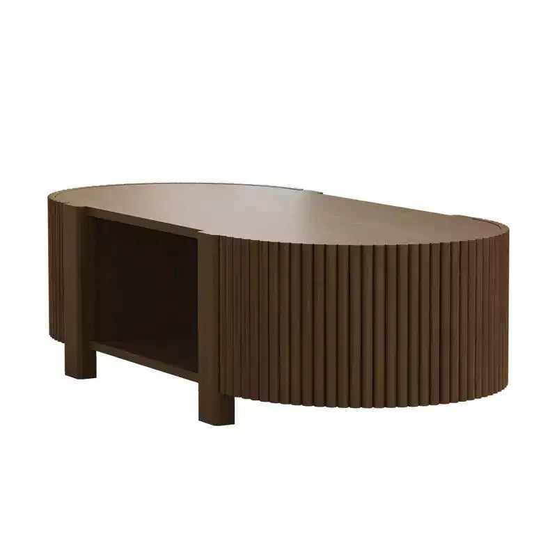 Tavolino da caffè ovale 47" con contenitore, Rovere/Noce, Legno scanalato, Pezzo unico