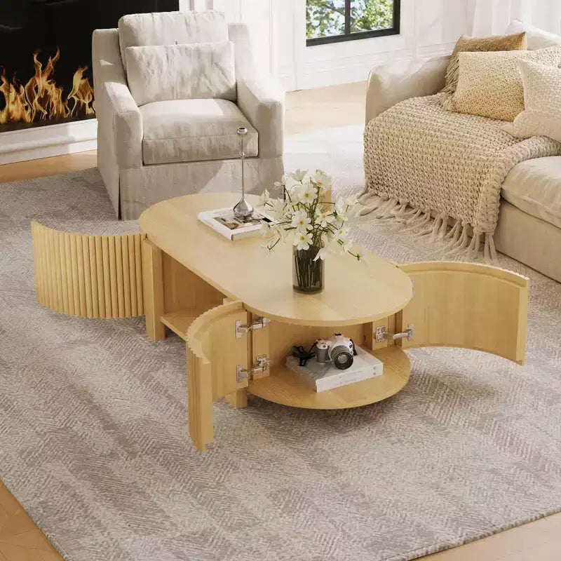 Tavolino da caffè ovale 47" con contenitore, Rovere/Noce, Legno scanalato, Pezzo unico