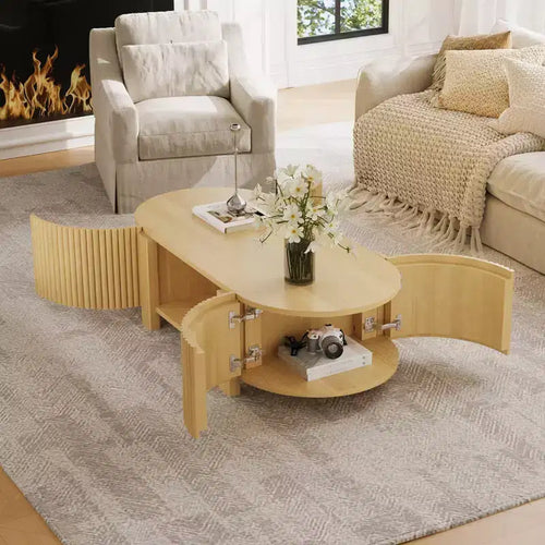 47" Oval Coffee Table with Storage, Oak/Walnut, Fluted Wood, 1-Piece