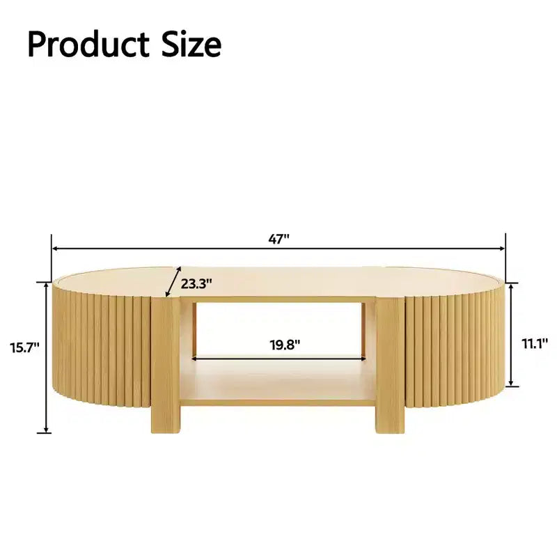Tavolino da caffè ovale 47" con contenitore, Rovere/Noce, Legno scanalato, Pezzo unico