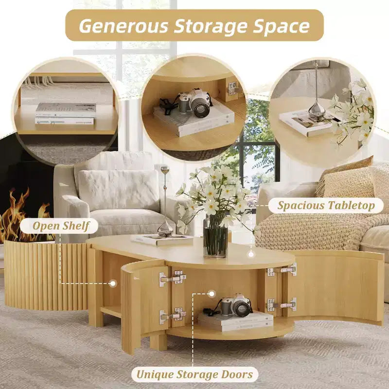 Tavolino da caffè ovale 47" con contenitore, Rovere/Noce, Legno scanalato, Pezzo unico