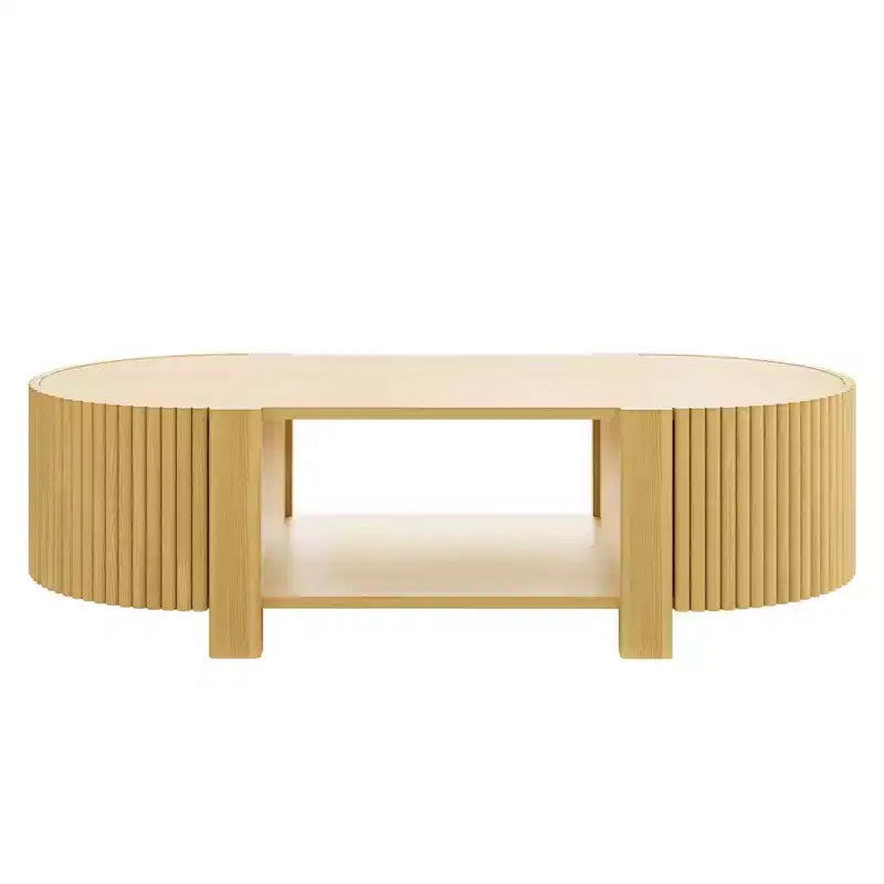 Tavolino da caffè ovale 47" con contenitore, Rovere/Noce, Legno scanalato, Pezzo unico