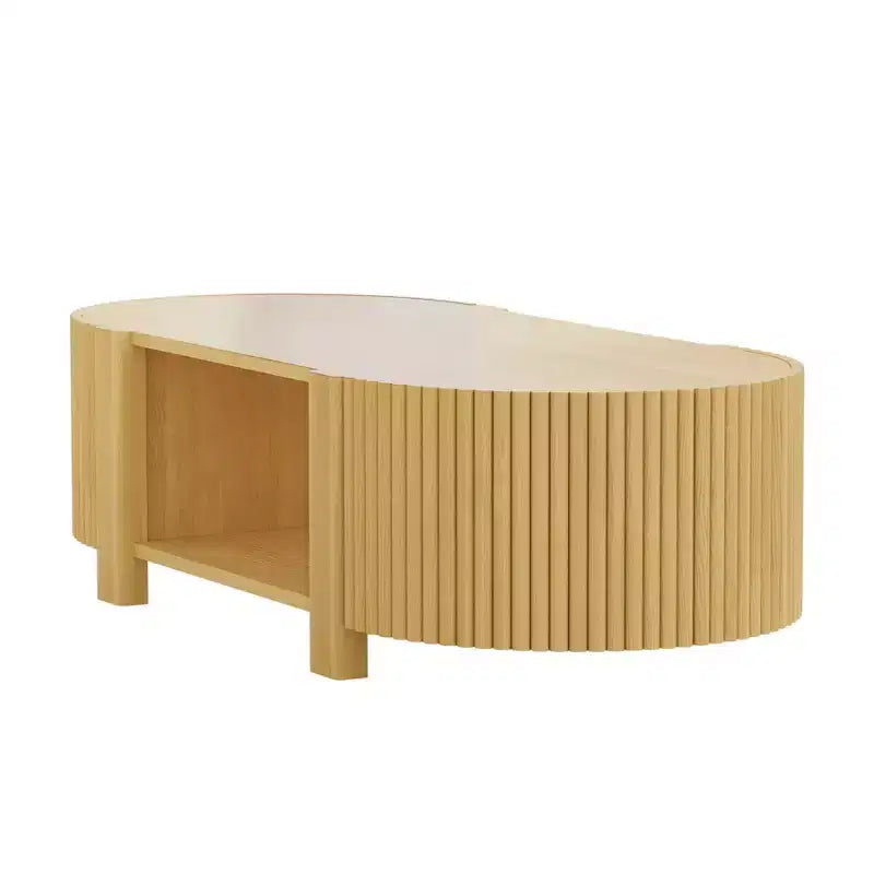 Tavolino da caffè ovale 47" con contenitore, Rovere/Noce, Legno scanalato, Pezzo unico