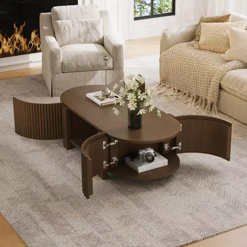 Tavolino da caffè ovale 47" con contenitore, Rovere/Noce, Legno scanalato, Pezzo unico