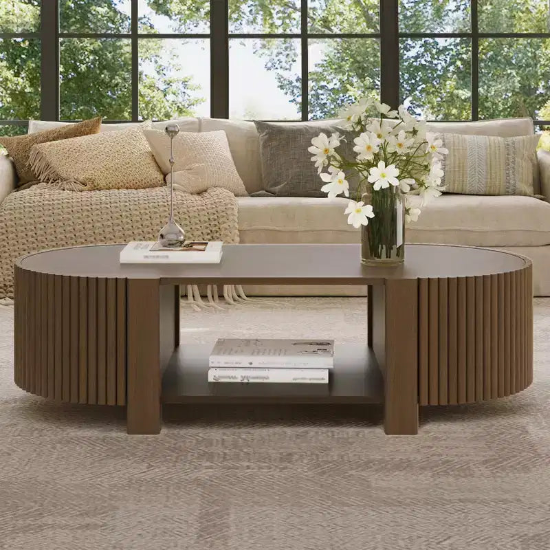 Tavolino da caffè ovale 47" con contenitore, Rovere/Noce, Legno scanalato, Pezzo unico