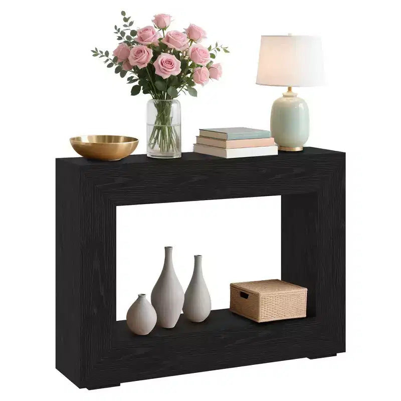 Country farmhouse style entryway table with storage shelves  narrow and rectangular, suitable for living rooms, hallways, foyer, and behind sofas.