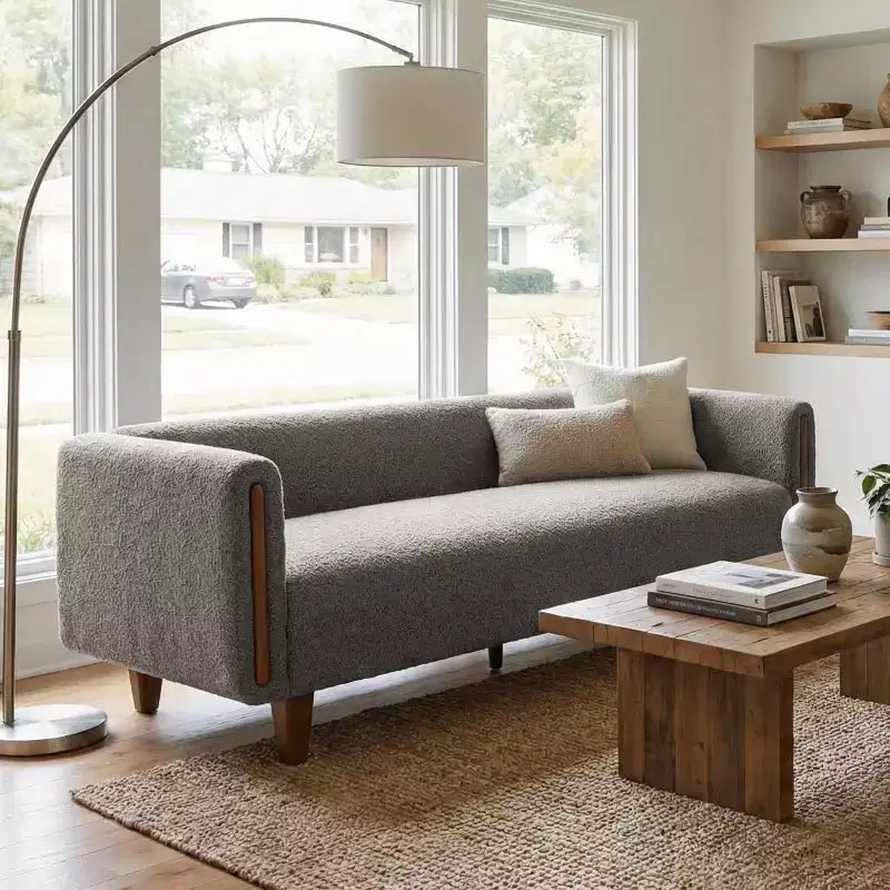 Divano a 3 posti rivestito in bouclé beige / grigio scuro / verde / farina d'avena / arancione