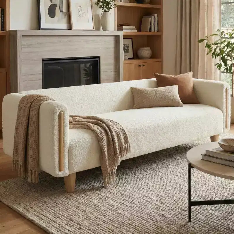 Divano a 3 posti rivestito in bouclé beige / grigio scuro / verde / farina d'avena / arancione