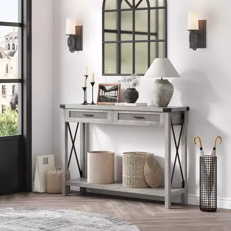 Console Table, Gray Wood Grain, Rattan Drawers, 1-Piece