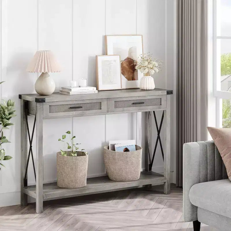 Tavolo Consolle, Venatura Legno Grigio, Cassetti in Rattan, 1 Pezzo