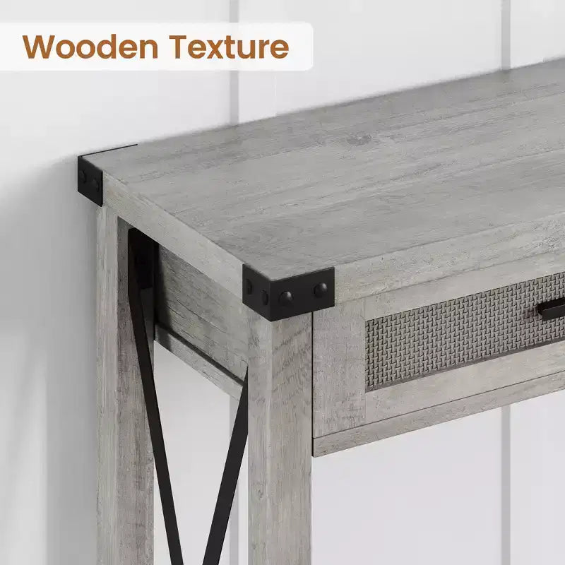 Tavolo Consolle, Venatura Legno Grigio, Cassetti in Rattan, 1 Pezzo