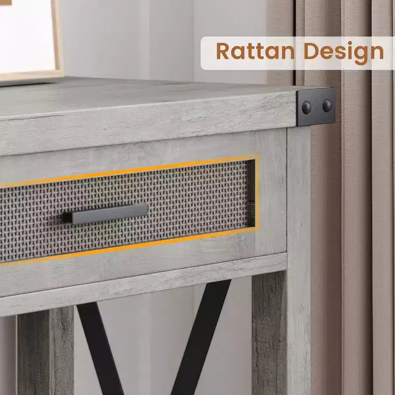 Tavolo Consolle, Venatura Legno Grigio, Cassetti in Rattan, 1 Pezzo