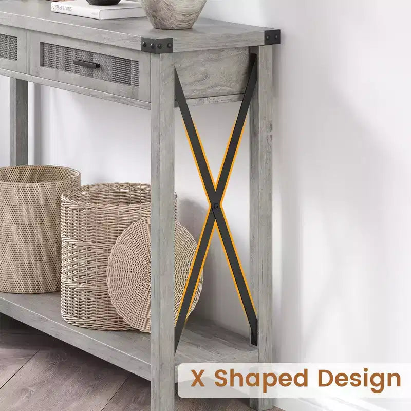 Tavolo Consolle, Venatura Legno Grigio, Cassetti in Rattan, 1 Pezzo