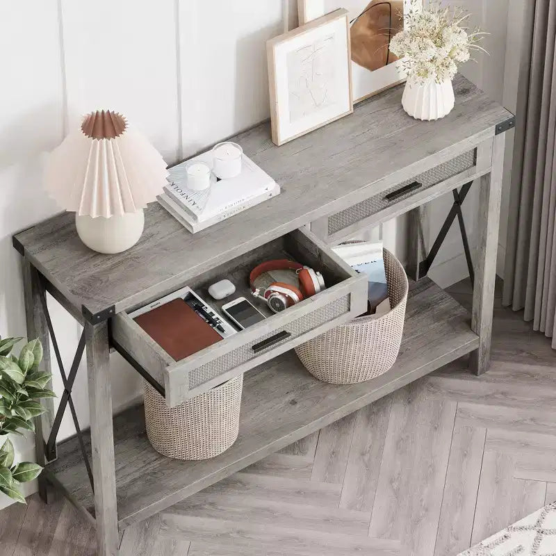 Tavolo Consolle, Venatura Legno Grigio, Cassetti in Rattan, 1 Pezzo