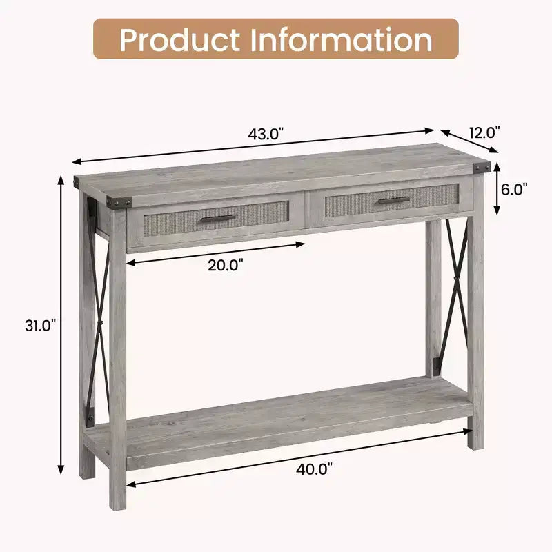 Tavolo Consolle, Venatura Legno Grigio, Cassetti in Rattan, 1 Pezzo