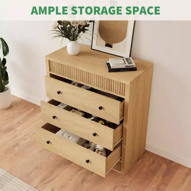 Comò a 3 cassetti scanalato color rosso-marrone / legno – Comodino in legno e mobiletto contenitore