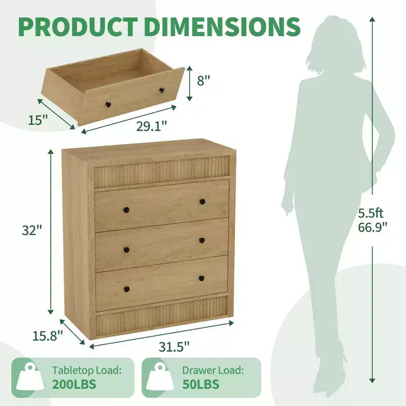 Comò a 3 cassetti scanalato color rosso-marrone / legno – Comodino in legno e mobiletto contenitore