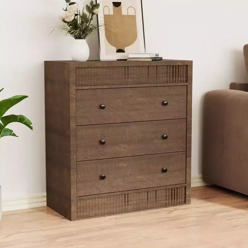 Comò a 3 cassetti scanalato color rosso-marrone / legno – Comodino in legno e mobiletto contenitore