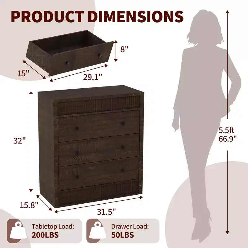 Comò a 3 cassetti scanalato color rosso-marrone / legno – Comodino in legno e mobiletto contenitore