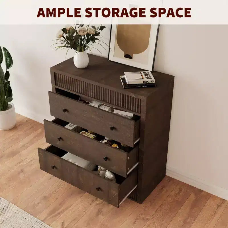Comò a 3 cassetti scanalato color rosso-marrone / legno – Comodino in legno e mobiletto contenitore