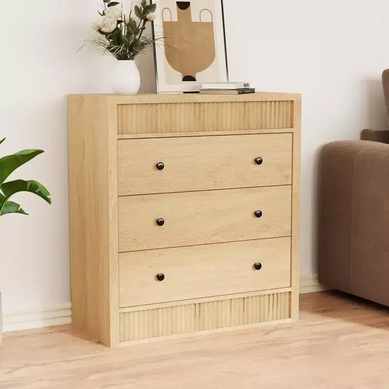 Comò a 3 cassetti scanalato color rosso-marrone / legno – Comodino in legno e mobiletto contenitore