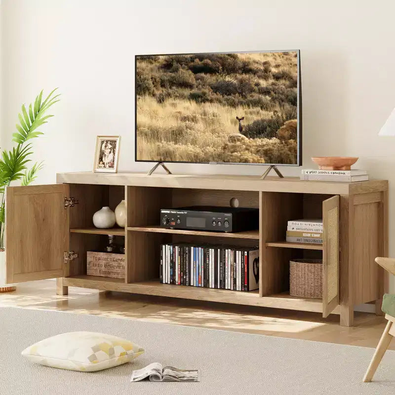Mobile TV in rovere naturale e rattan, stile bohémien, montaggio da 2 persone, 147 cm / 168 cm
