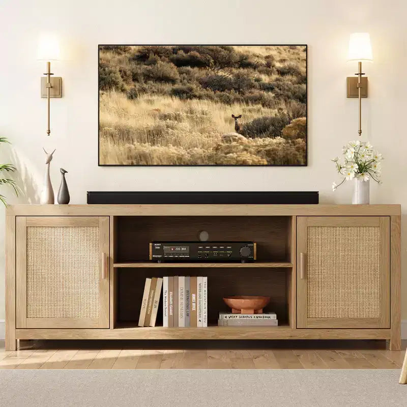 Mobile TV in rovere naturale e rattan, stile bohémien, montaggio da 2 persone, 147 cm / 168 cm