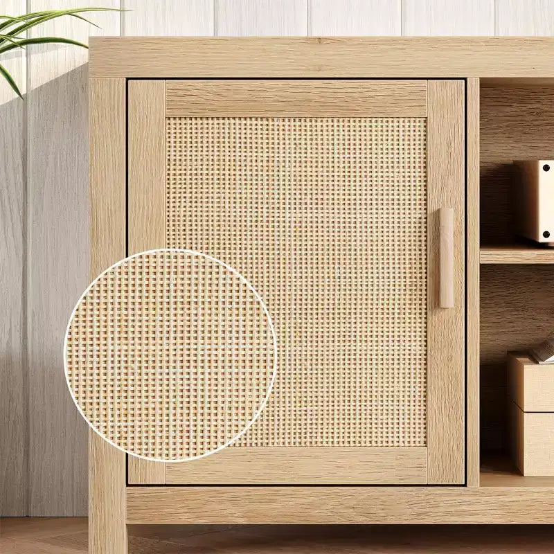 Mobile TV in rovere naturale e rattan, stile bohémien, montaggio da 2 persone, 147 cm / 168 cm